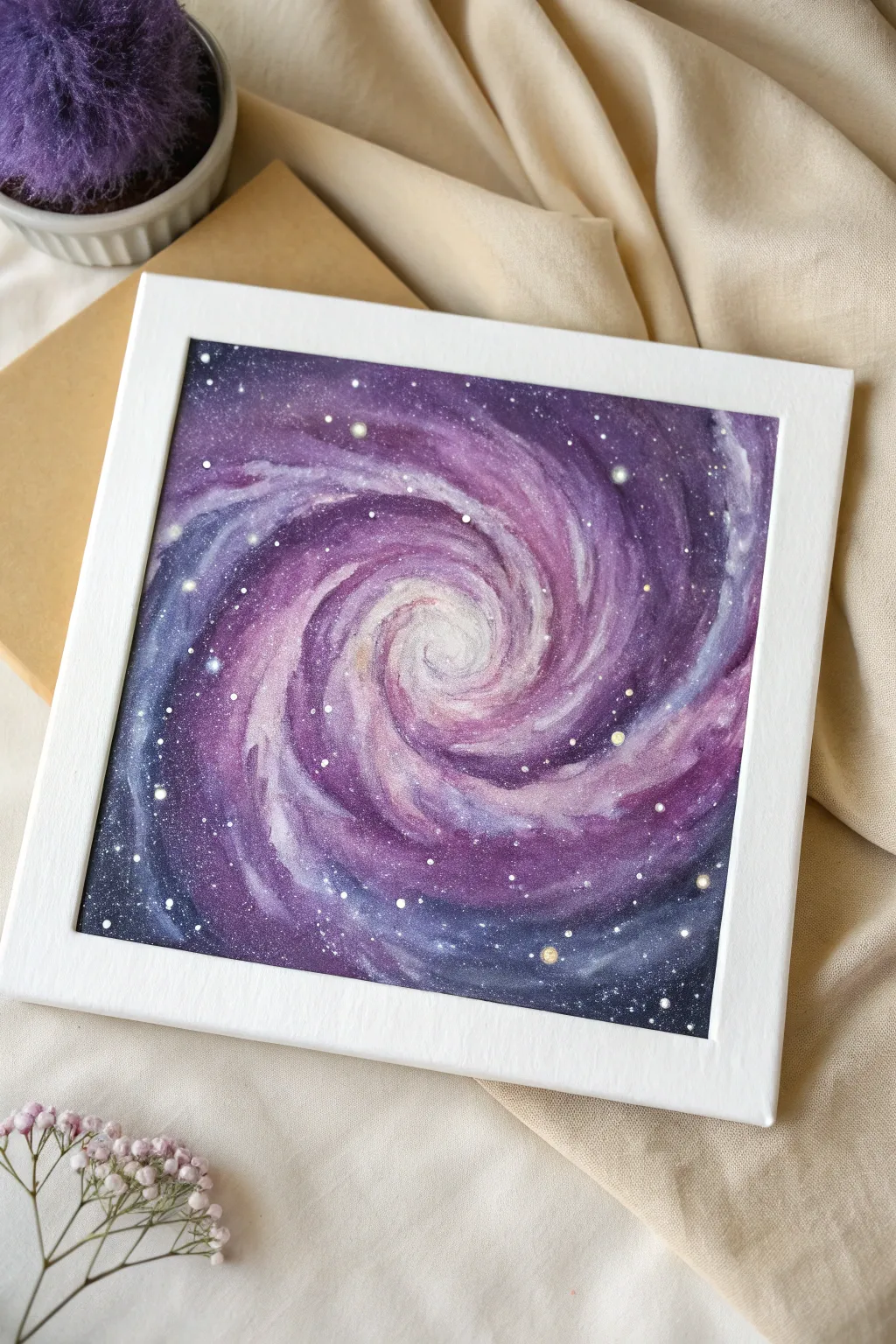 Swirling violet galaxy with lavender nebulae and clustered white splatter stars on canvas