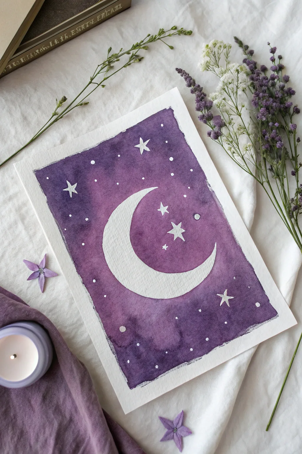 Purple crescent moon painting: rich plum sky, crisp white moon, and simple starry details