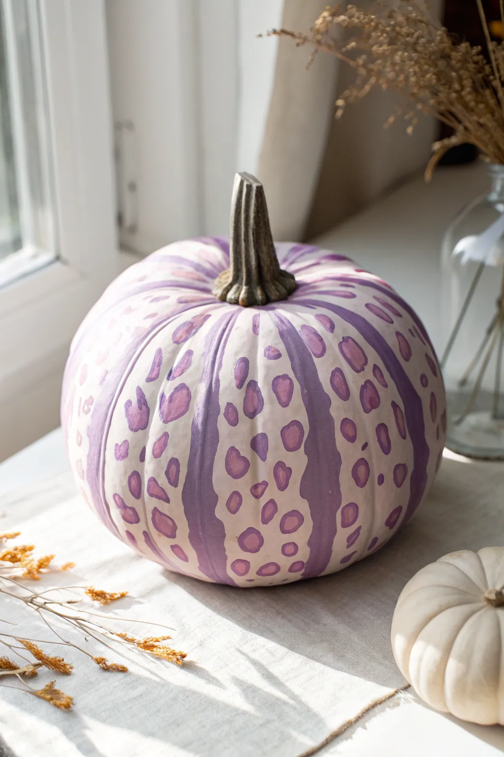 Deep purple pumpkin with lilac leopard spots in a clean Scandinavian minimalist, boho-inspired style