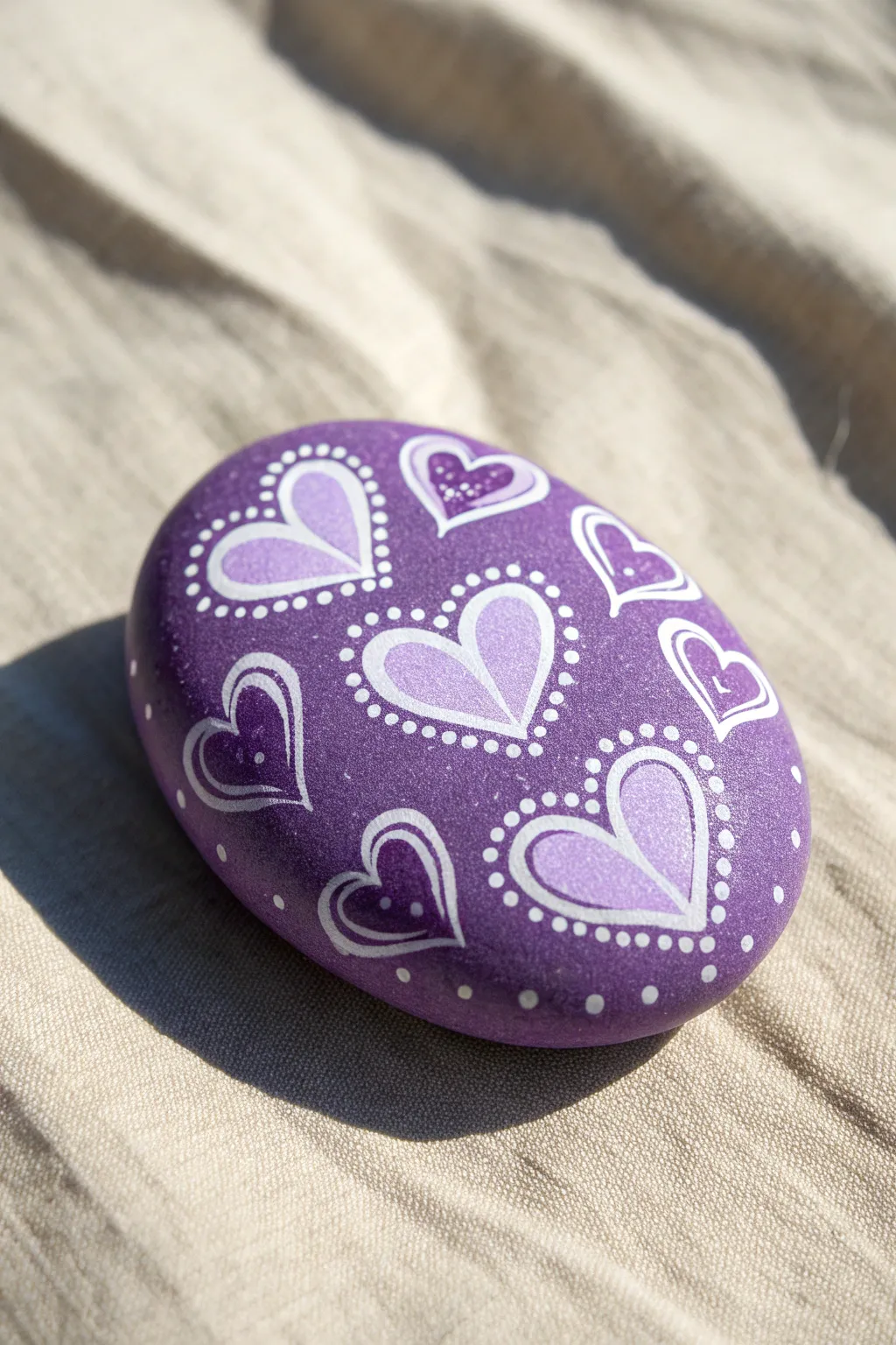 Minimalist purple rock with layered hearts and tiny white highlights, bright and cozy.