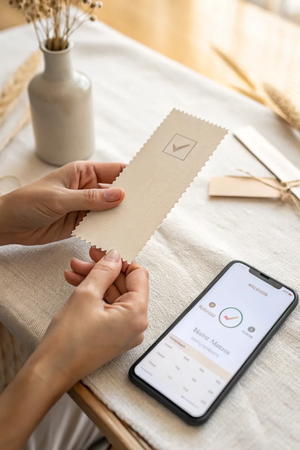 Hybrid raffle setup: a crisp paper ticket stub in focus with a phone confirmation glow beside it