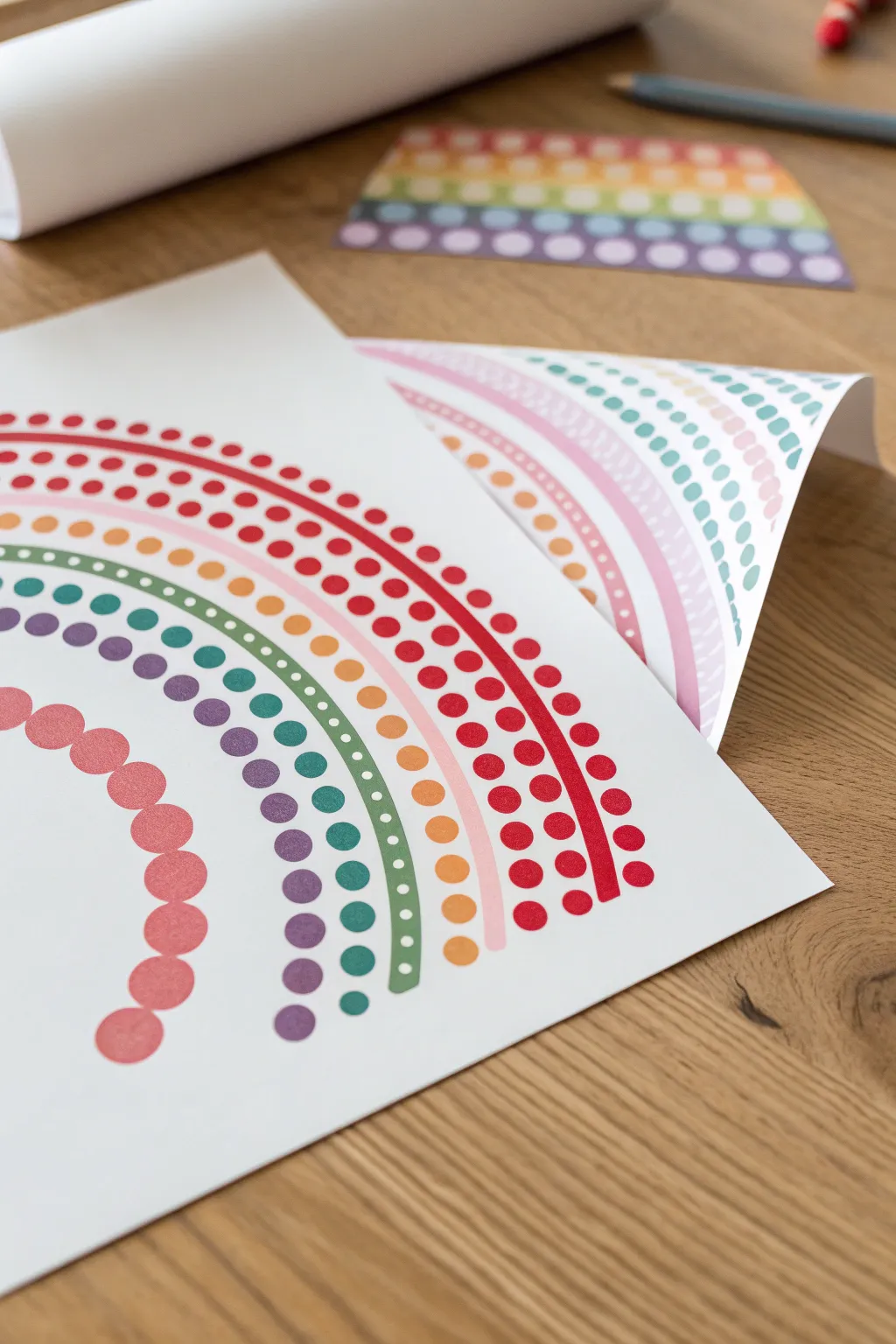 Neat rainbow dot sticker mosaic with peel-and-stick dots, a minimalist craft for kids and adults.