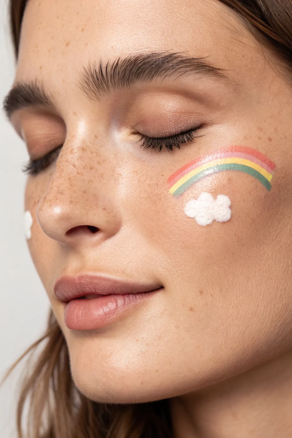 Mini rainbow on the nose bridge with tiny cloud puffs, minimalist and sweet boho vibe