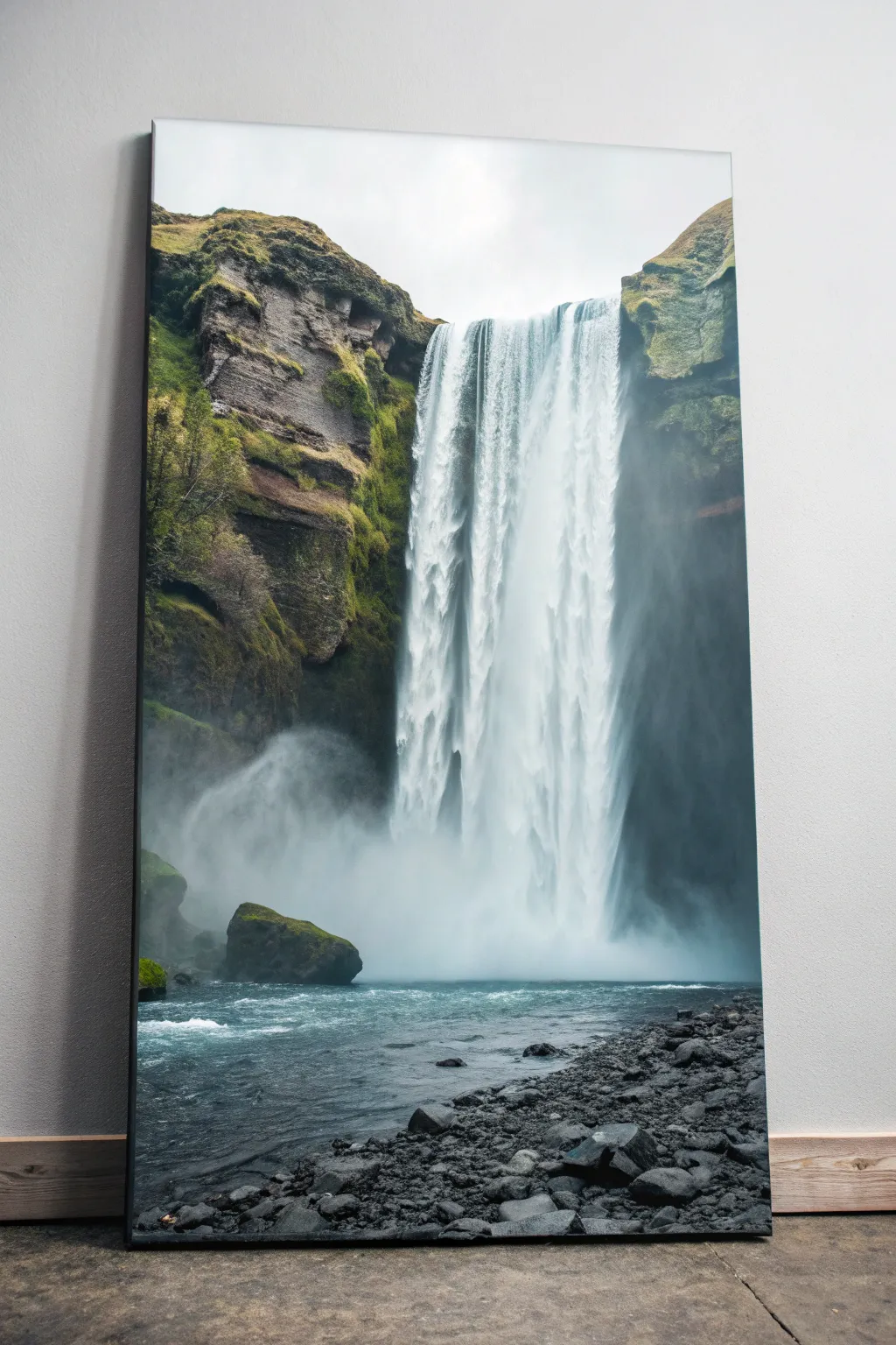 Waterfall down a tall canvas: minimalist rocks, sage greens, and misty white highlights.