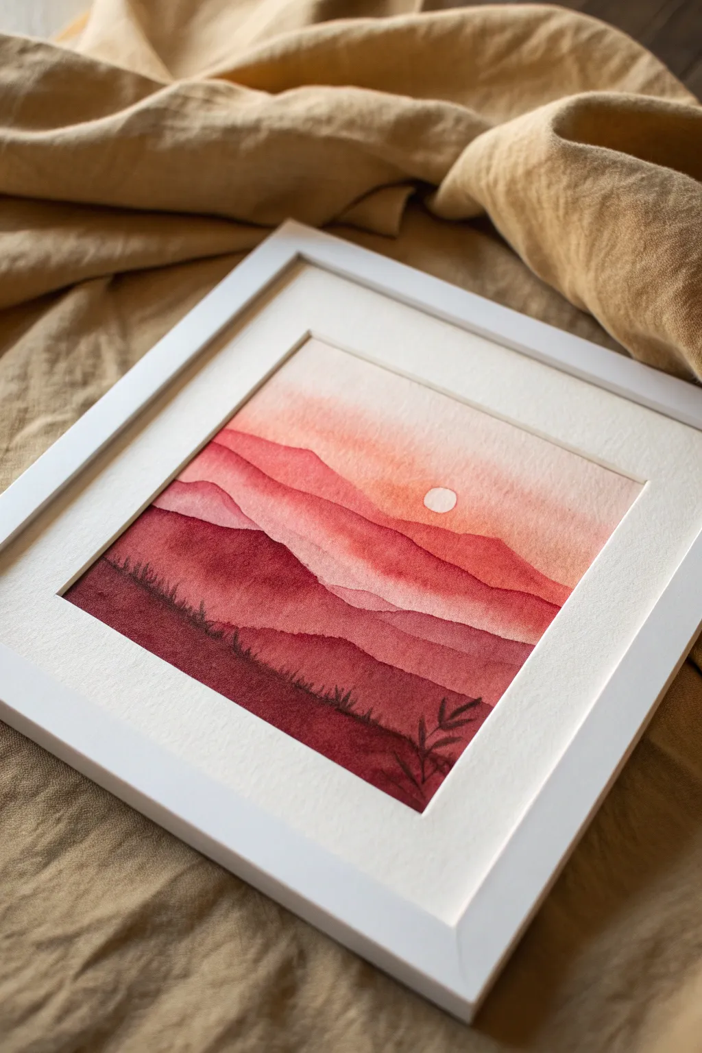 Maroon to scarlet gradient wash with soft hill silhouette, minimalist boho drama