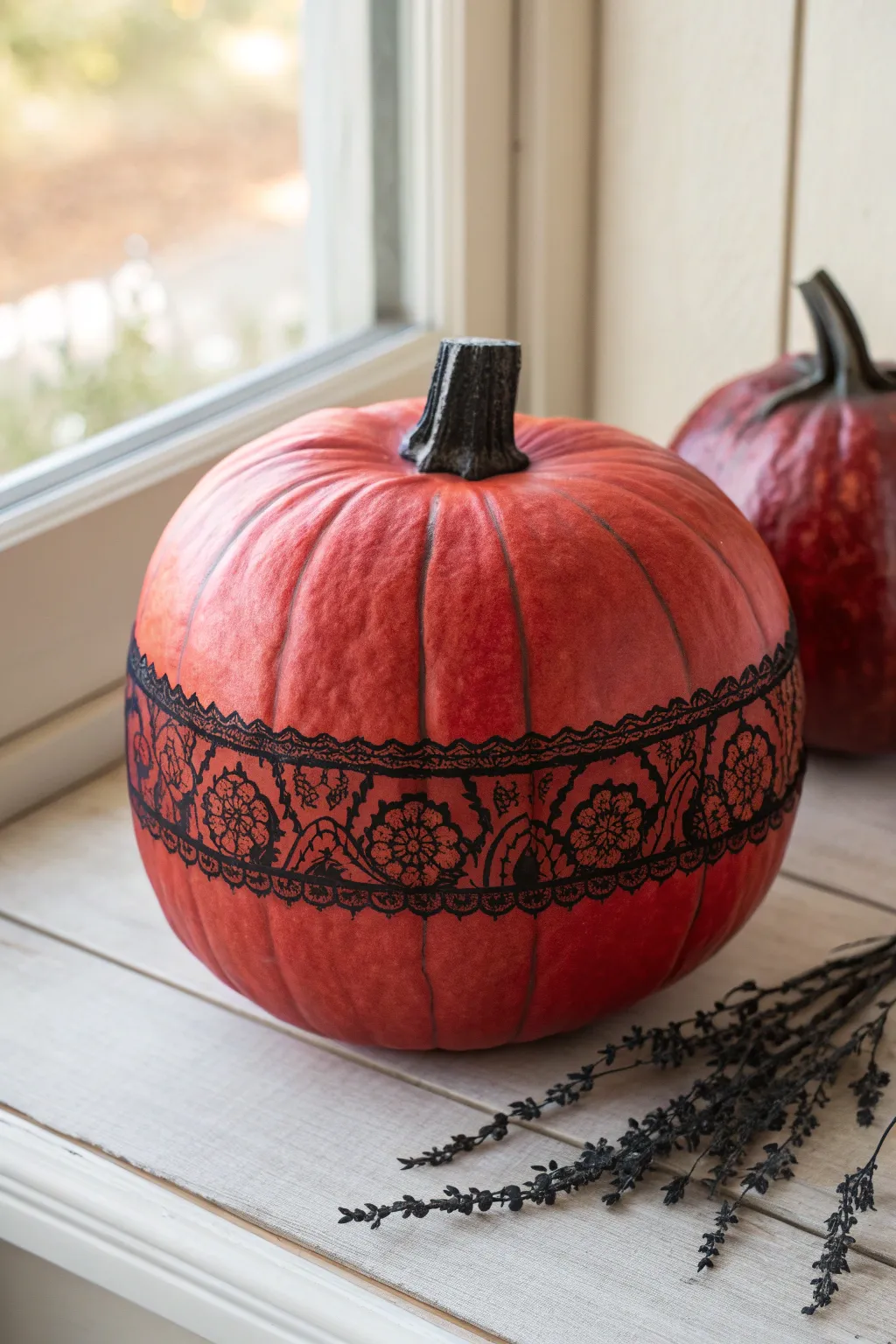 Bold red pumpkin with painted black lace band, minimalist gothic-boho fall decor inspiration.