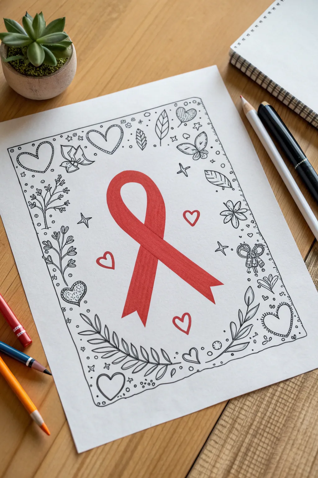 Print-ready coloring page: bold red ribbon centerpiece with playful school doodle border.