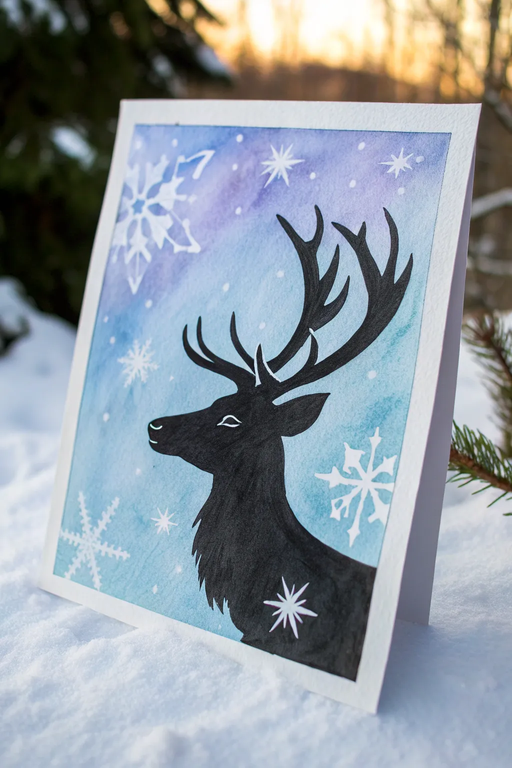 Try a bold reindeer silhouette over a watercolor wash with crisp snowflake resist magic.