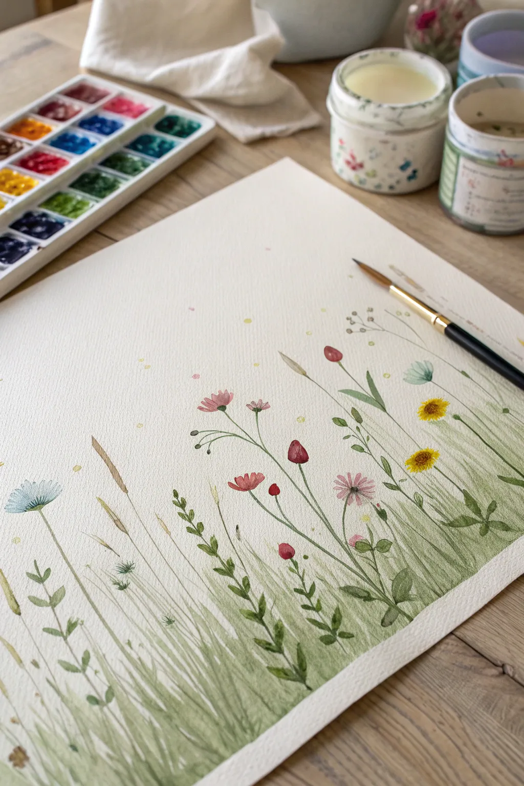 Unwind with a dotted wildflower meadow painting, simple marks and soothing, fade-away greens.