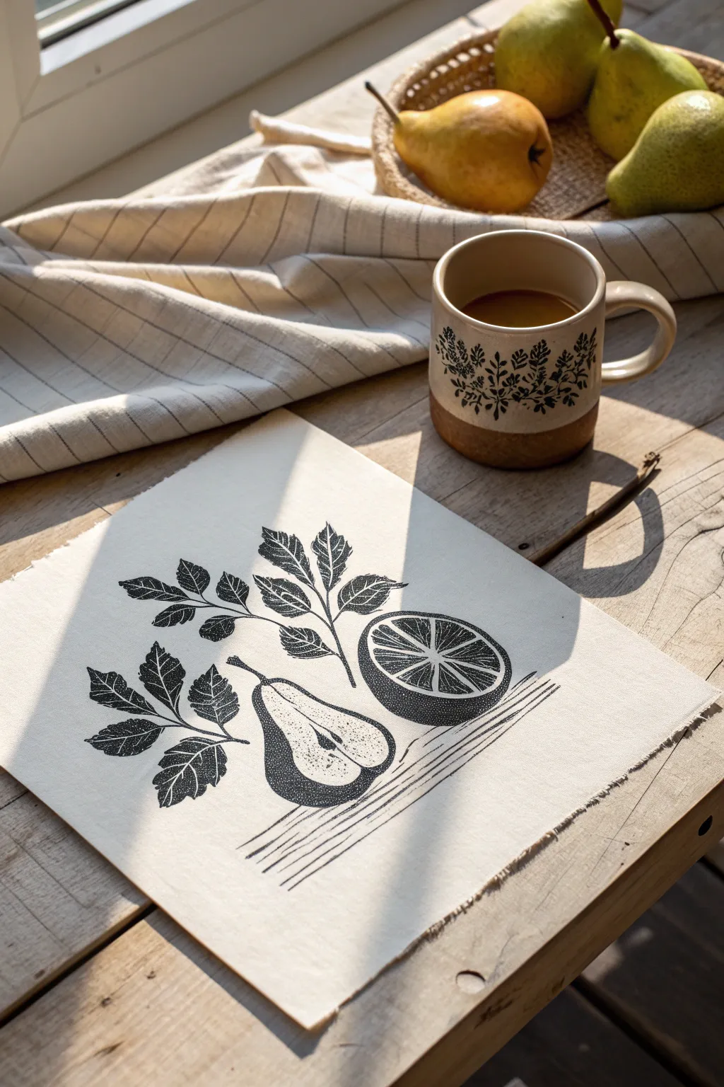 Bold ink shadows in a minimalist kitchen still life, with print and tiny planning sketch
