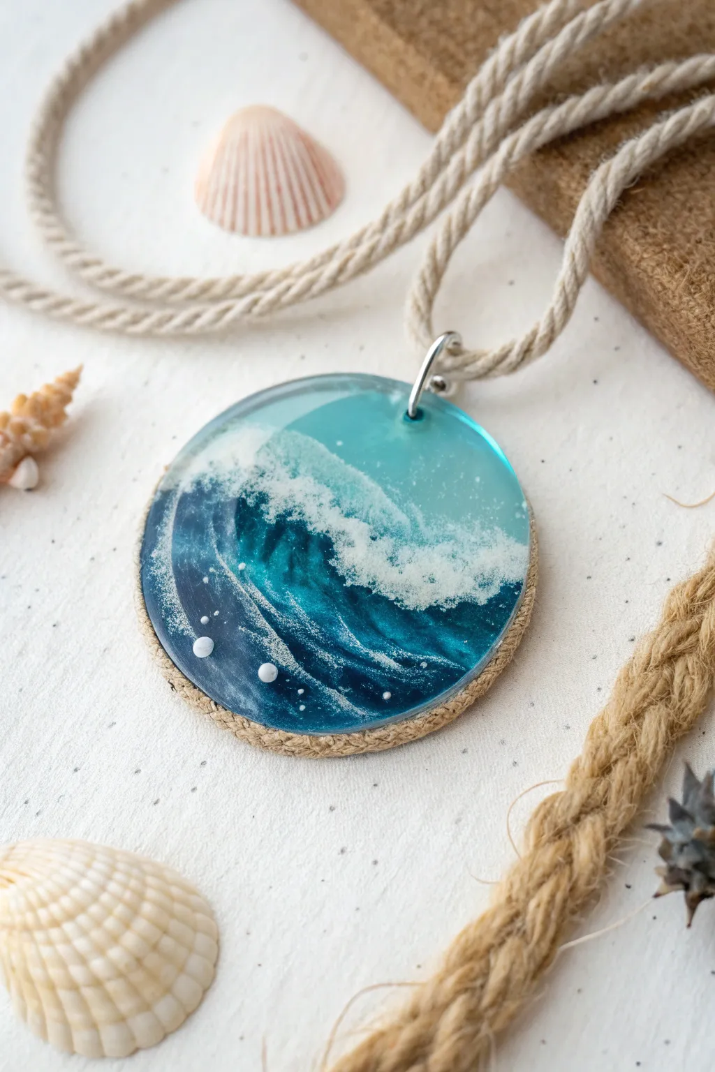 Ocean wave resin charm in layered blues with a soft white crest, minimal beachy styling.