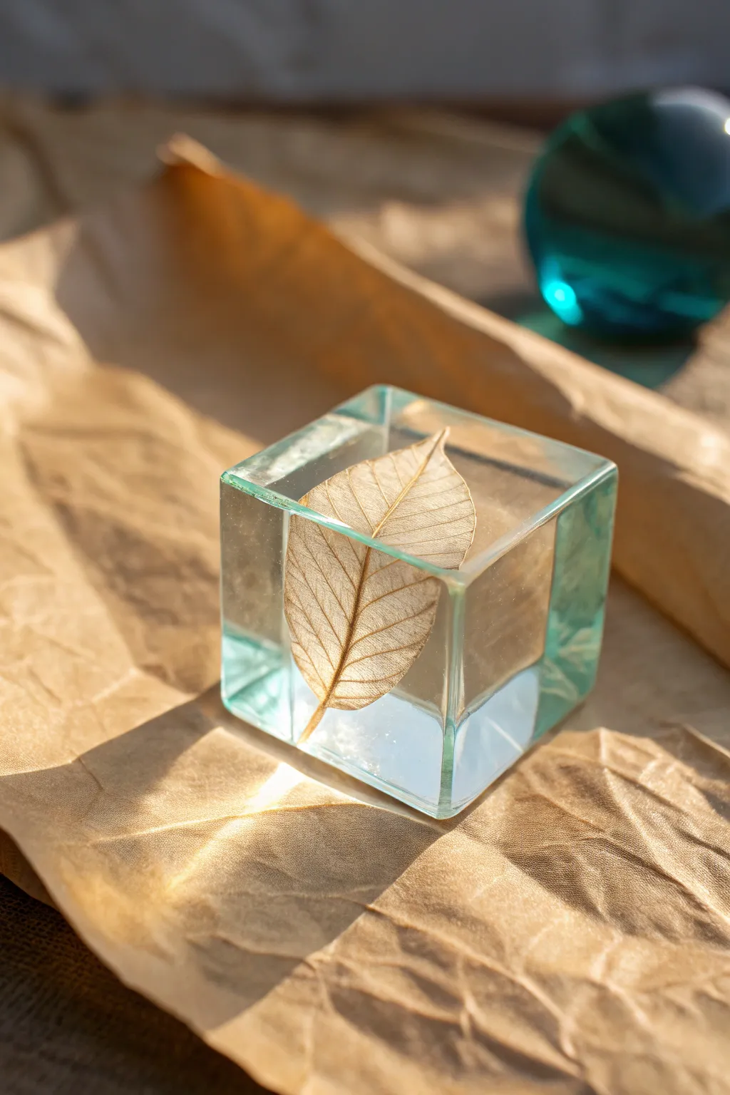 Pressed leaf resin cube with a warm-to-cool gradient, styled on kraft paper in soft light.