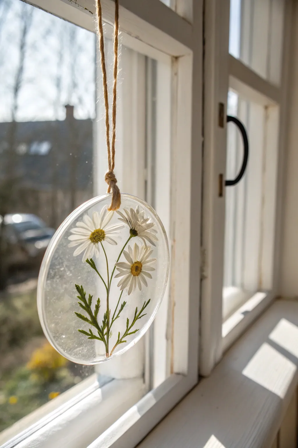 Sunlit resin flower disc suncatcher that makes pressed petals glow in a calm window nook