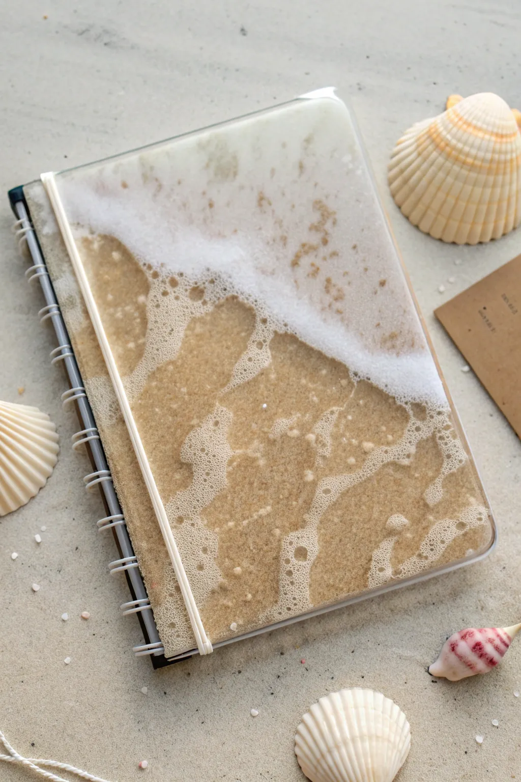 Minimal resin notebook cover with sand texture and tiny shells for a calm coastal boho vibe.