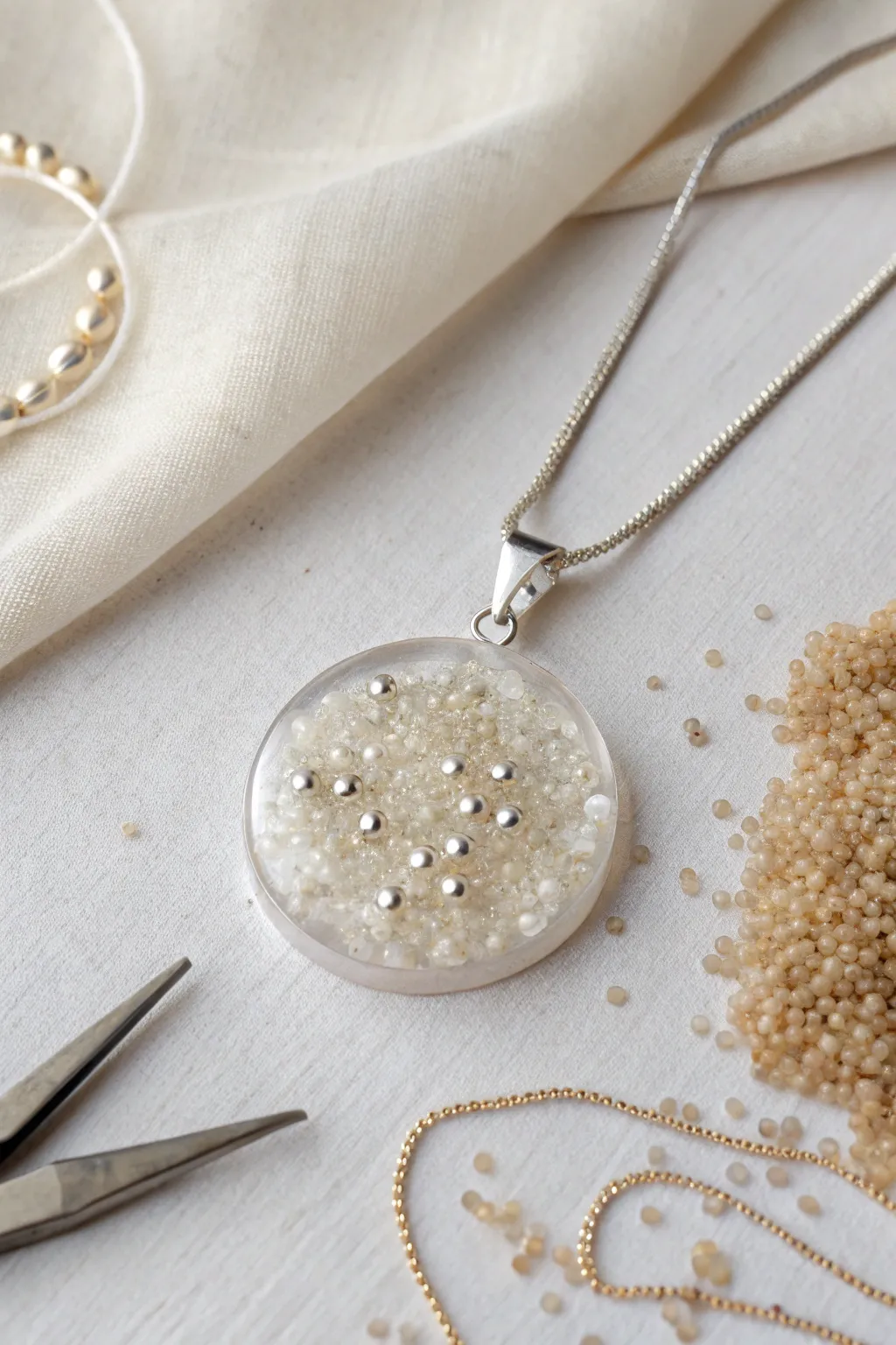 Tiny beads and crystals suspended in resin, a minimalist pendant idea with delicate handmade charm.