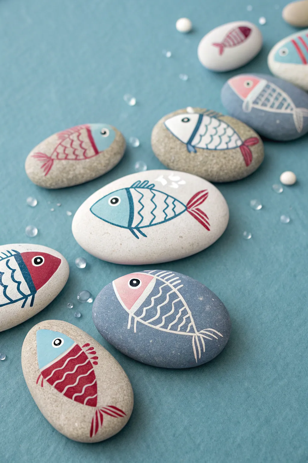 A sleek school of painted river rock fish on dusty blue paper, with simple bubbles and clean contrast.