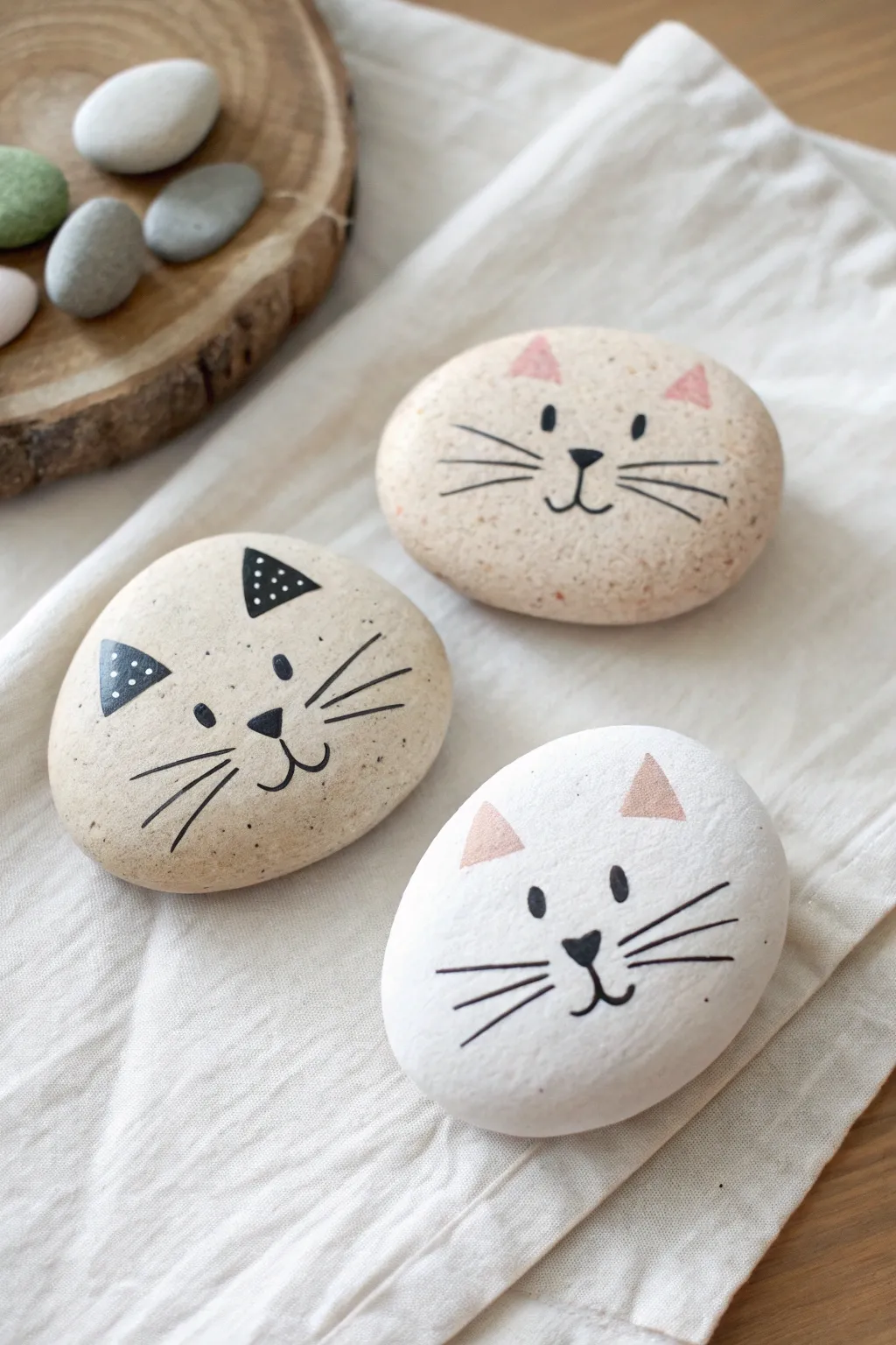 Easy cute cat face rock painting idea with minimalist Scandinavian boho vibes for beginners.