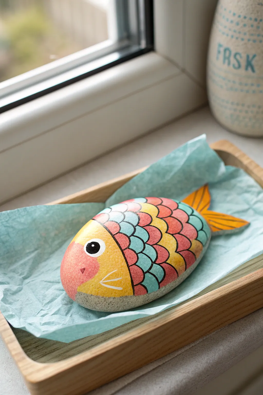 Simple fish rock with bright scalloped scales, styled on blue paper for easy kid-friendly painting.