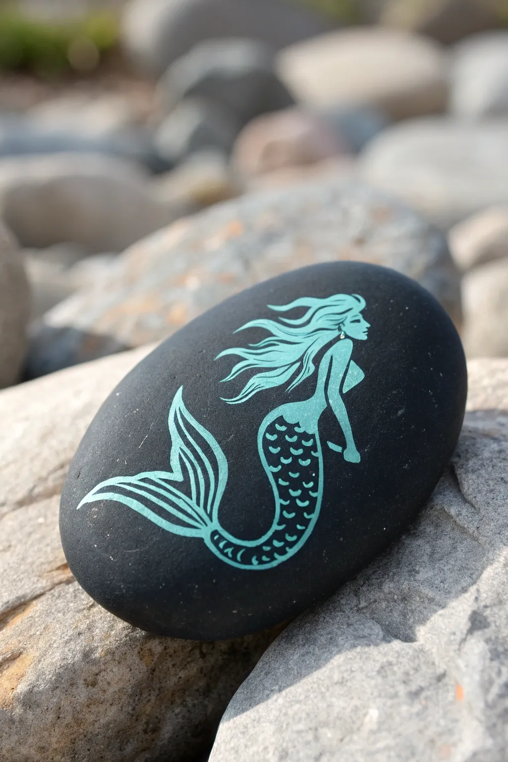 Minimalist teal mermaid silhouette on a smooth black rock, clean Scandinavian boho vibe
