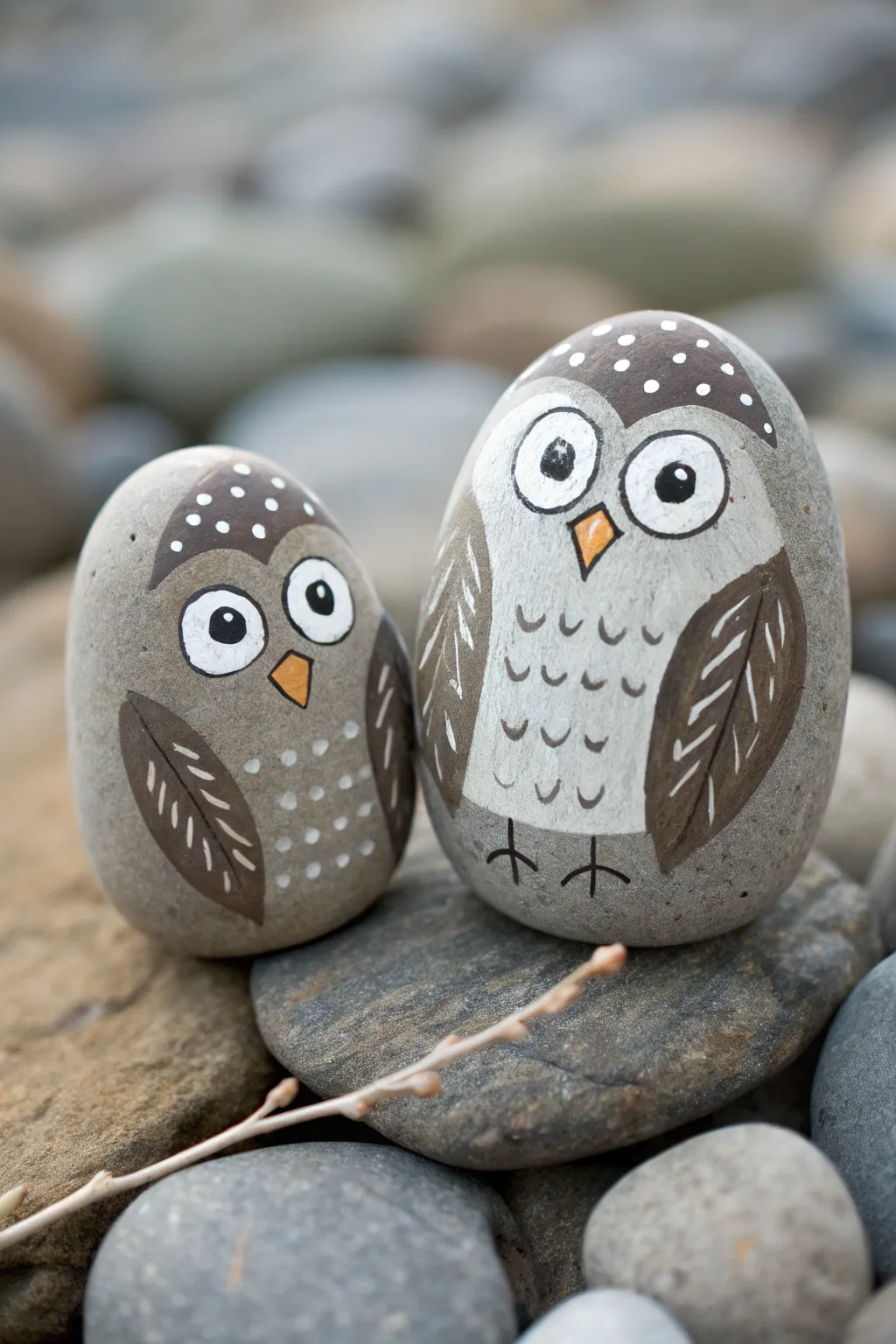Minimal owl rock duo with big eyes and simple feather shapes, perched on pebbles in soft Nordic light.