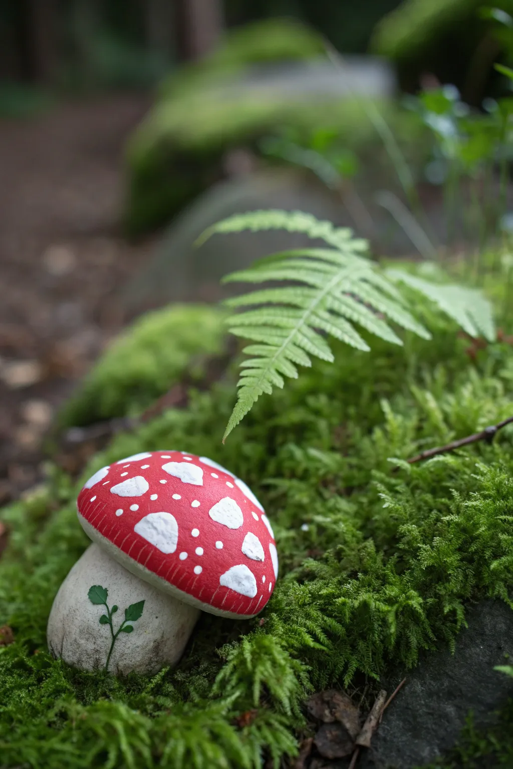 A single red toadstool-painted rock nestled in moss for a dreamy shady garden corner.