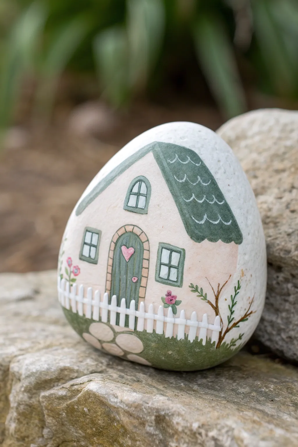 Sweet painted rock cottage with a tiny picket fence, perfect for a cozy front-yard scene.