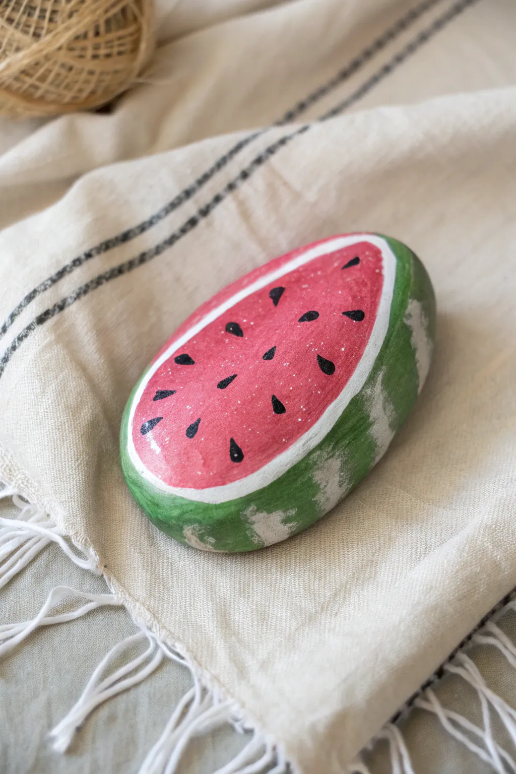 Juicy watermelon slice rock painting on neutral linen, minimalist boho picnic vibe.