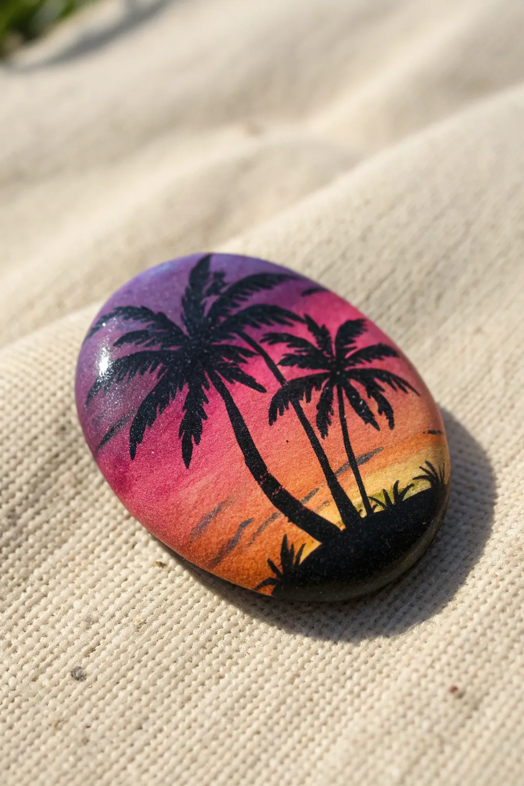 Capture the magic of summer evenings with this dreamy tropical sunset rock art.