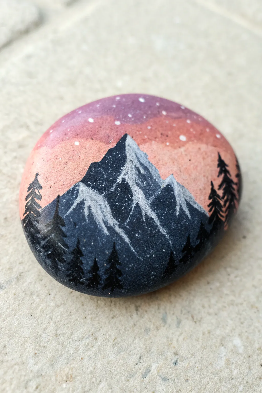 Dusk gradient rock with a crisp black mountain ridge silhouette, minimal and calming