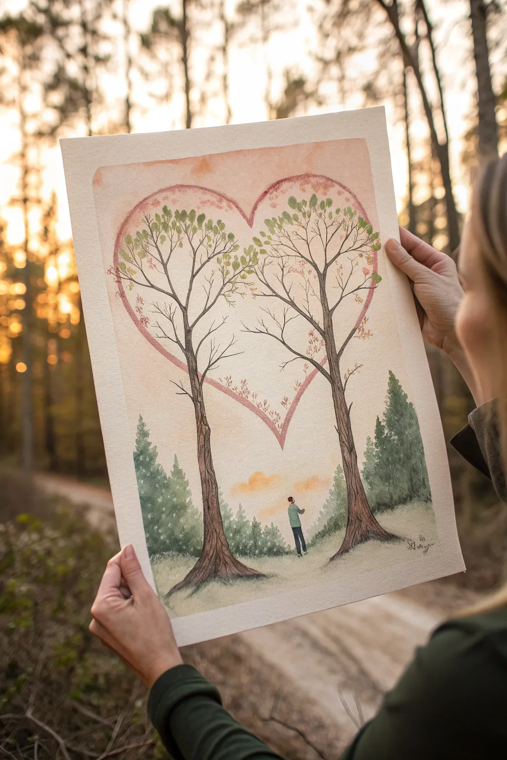 Minimalist heart-shaped trees in negative space with a tiny couple silhouette, soft boho tones