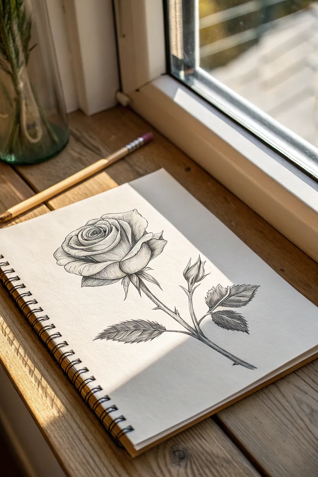 Rose sketch idea with crisp sepals and calyx details, clean minimal lines, and soft shadowing
