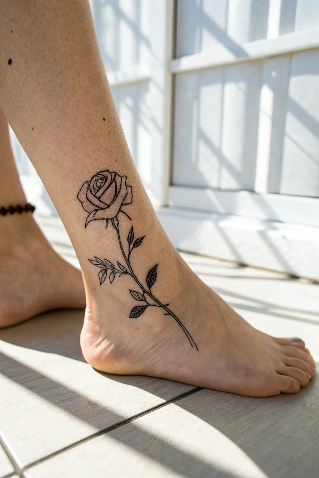 Minimal ankle rose tattoo with delicate leaves, clean negative space and soft boho elegance