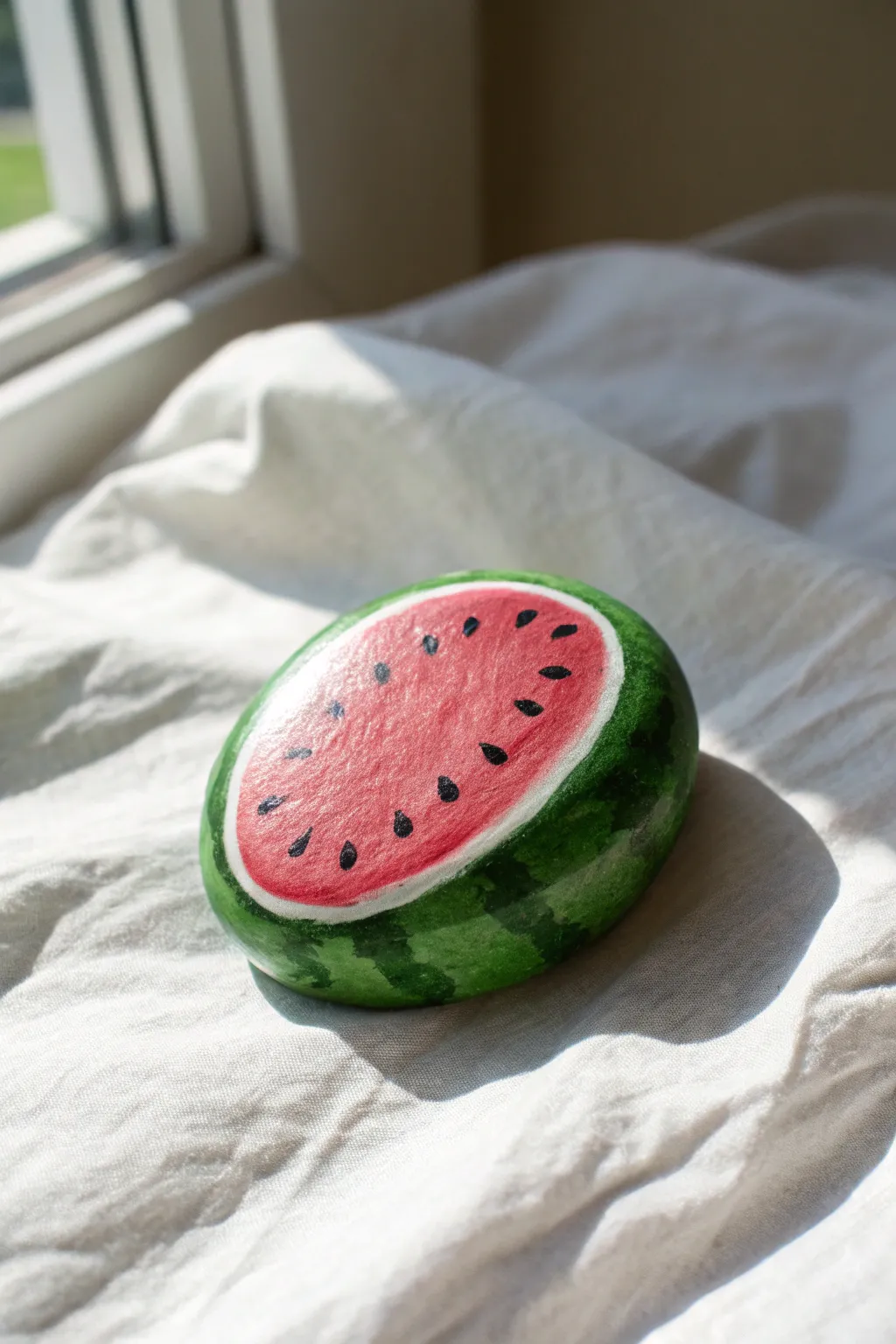 A round rock transformed into a juicy watermelon slice in clean Scandinavian minimalism with boho charm.