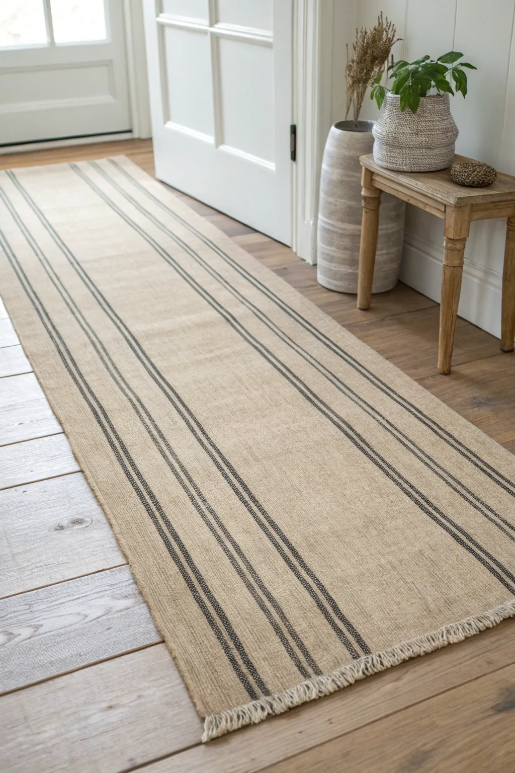 Neutral grain-sack stripe rug with cozy farmhouse charm, clean lines and natural textures