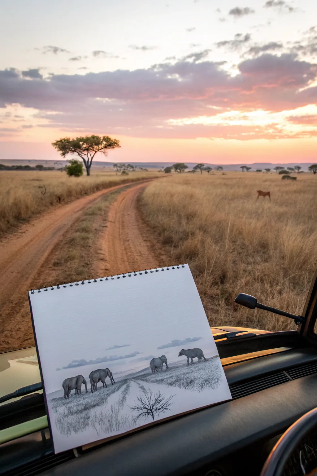 Minimal safari jeep POV watercolor with sunset silhouettes, calm Scandinavian-boho vibe.