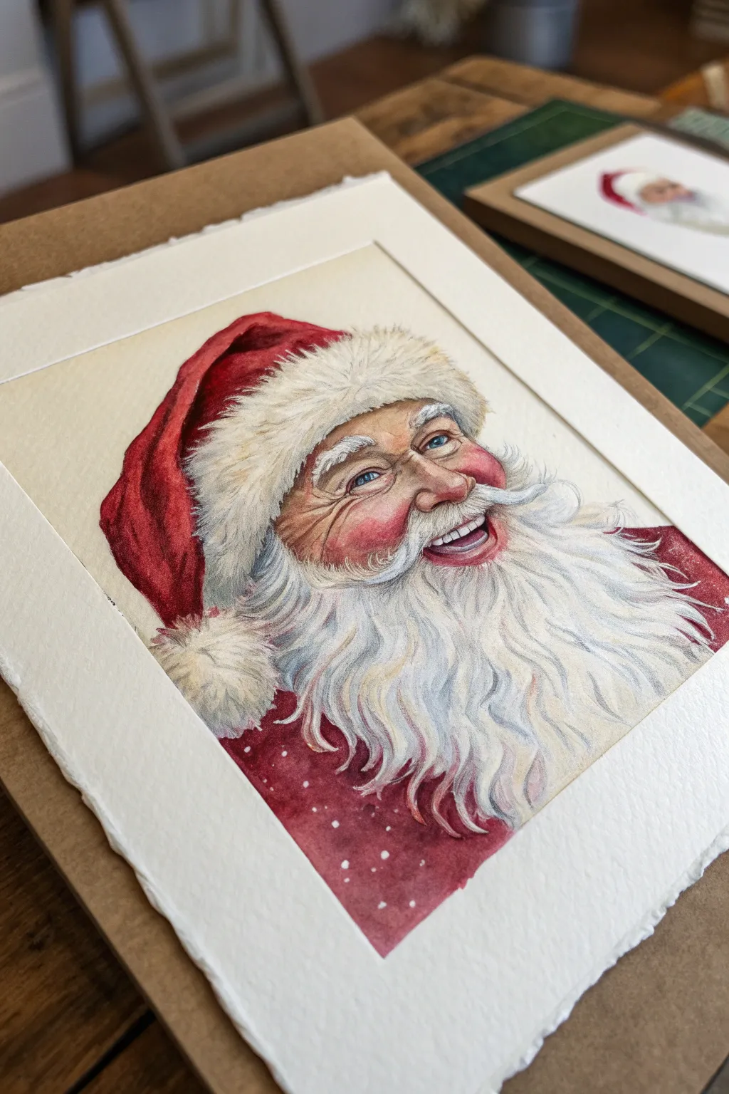 Santa selfie expression study with rosy cheeks and textured beard in minimalist Scandinavian style