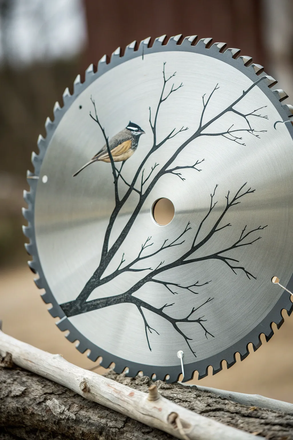 Minimal bird and branch on a saw blade, bare metal negative space and a delicate toothed halo.