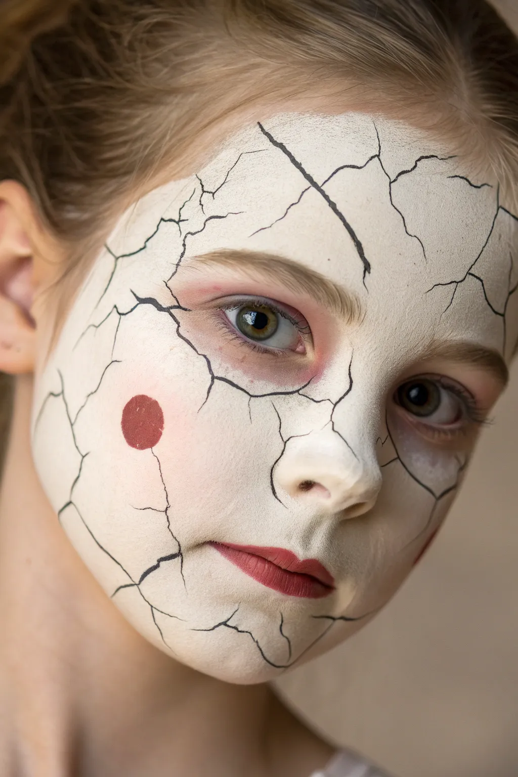 Cracked porcelain doll face paint: pale base, jagged cracks, tiny button nose, soft blush