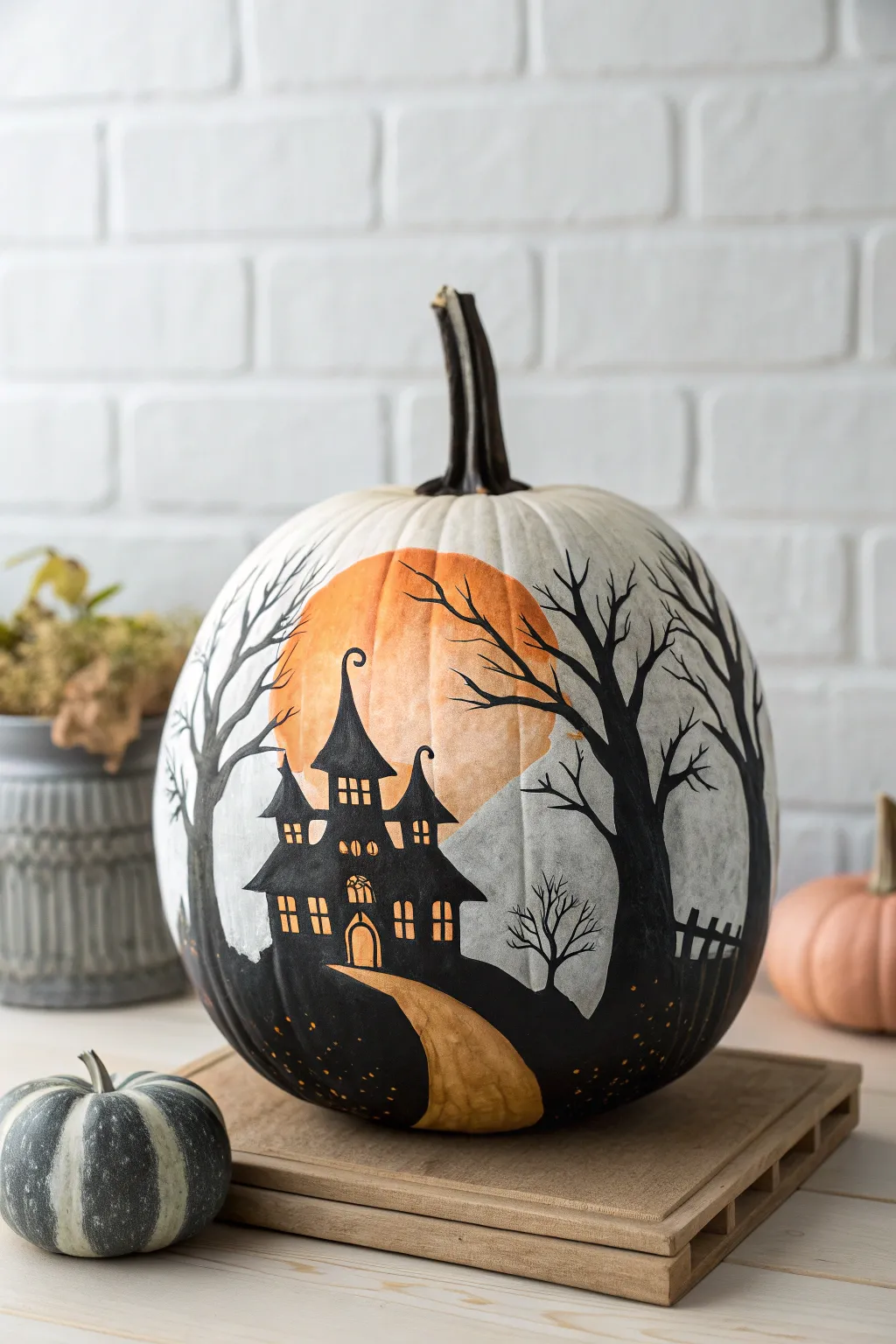 Haunted house panorama pumpkin with layered fog and a glowing moon, spooky yet minimalist