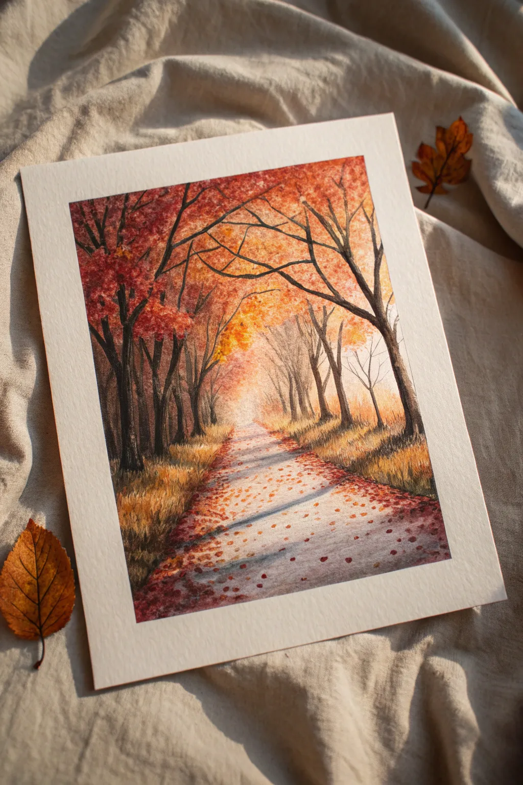 Paint an autumn path with stippled foliage and a deep foreground for glowing color contrast.
