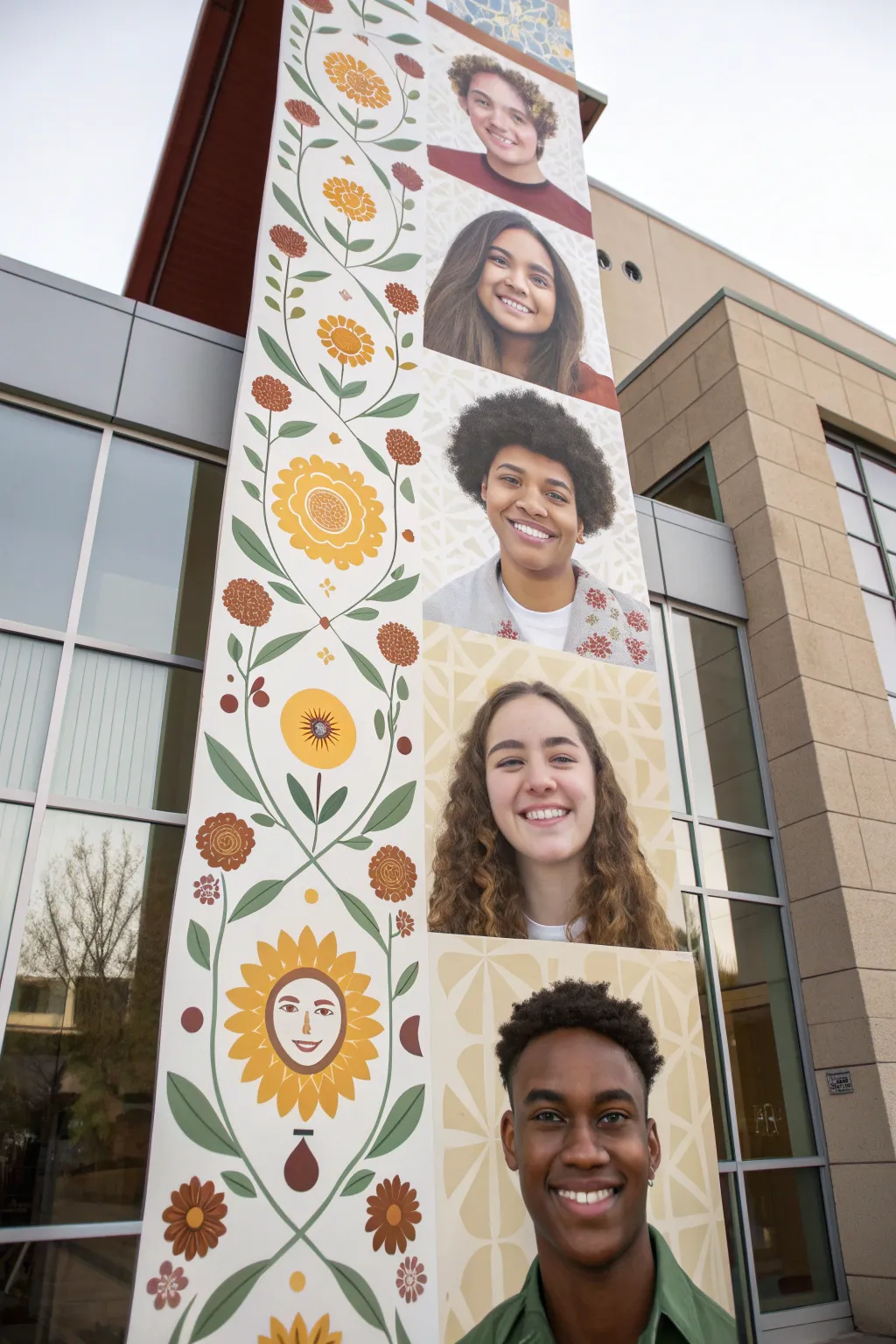 Warm minimalist diversity mural concept: many faces united as one welcoming school community