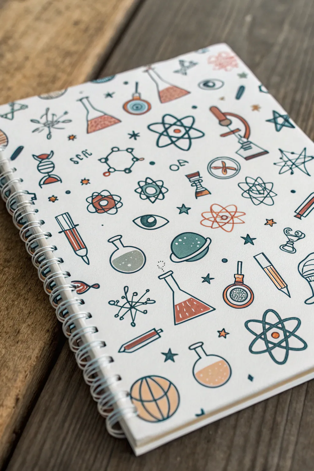 Create a clean science doodle pattern in a soft boho palette for colorful drawing practice
