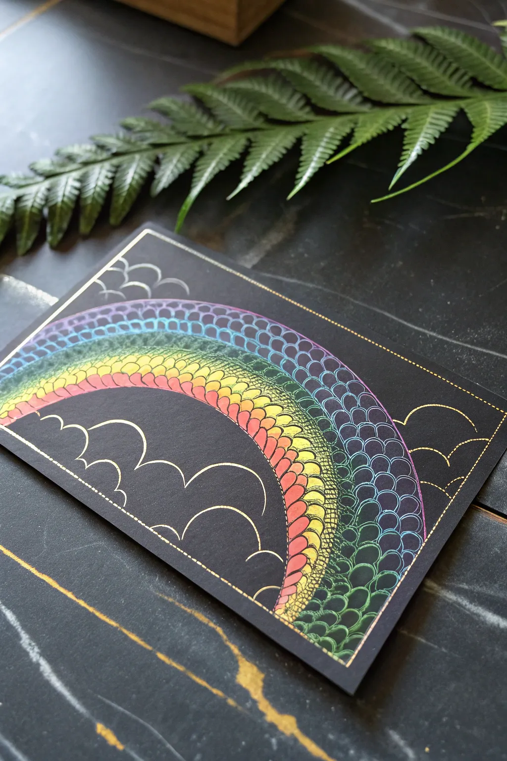 Scratch art reptile scales with glowing rims and darker centers for a simple 3D illusion