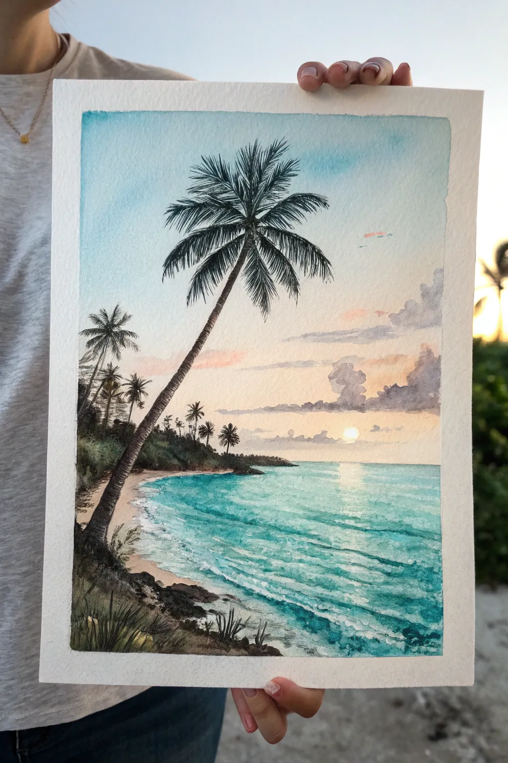 Minimalist tropical seascape with bold palm silhouette and glowing shoreline, calm boho vibes