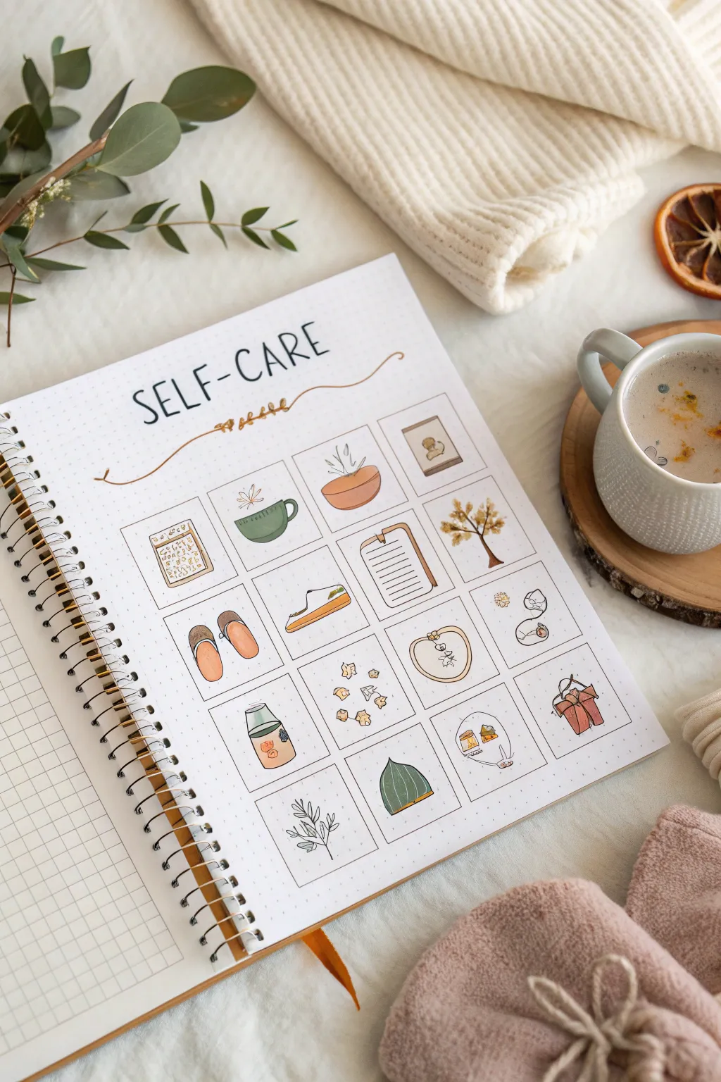 Paint a self-care menu icon page: simple watercolor symbols for an uplifting reminder board