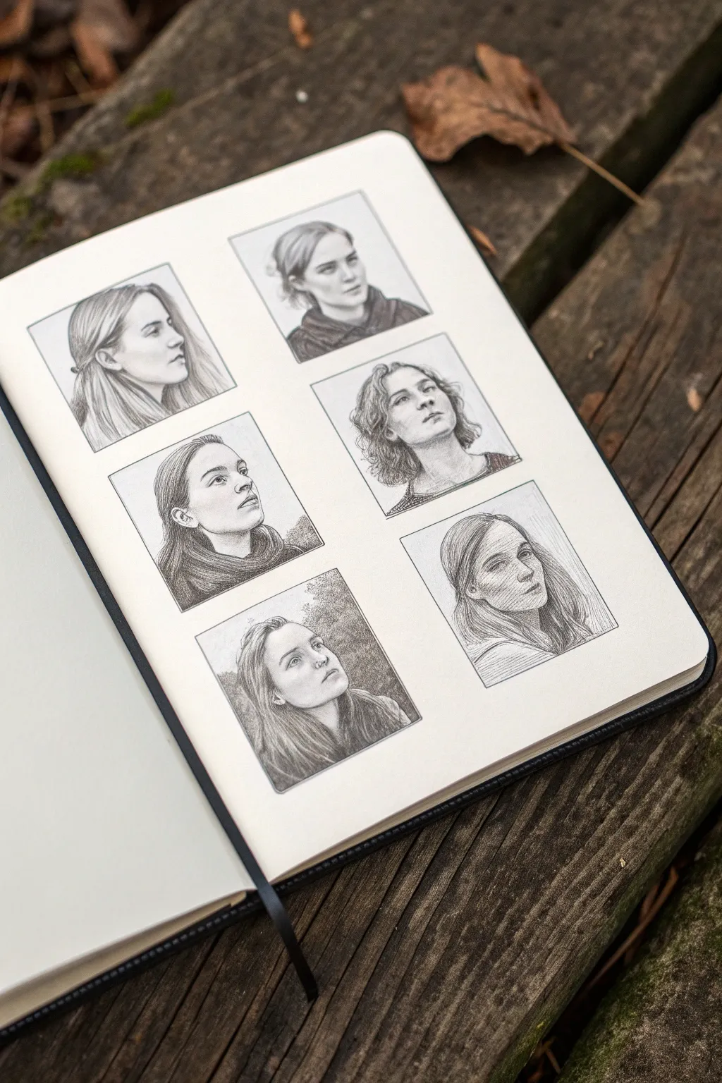 Six-panel emotion chart self-portrait grid, clean minimalist look with crafted pencil detail