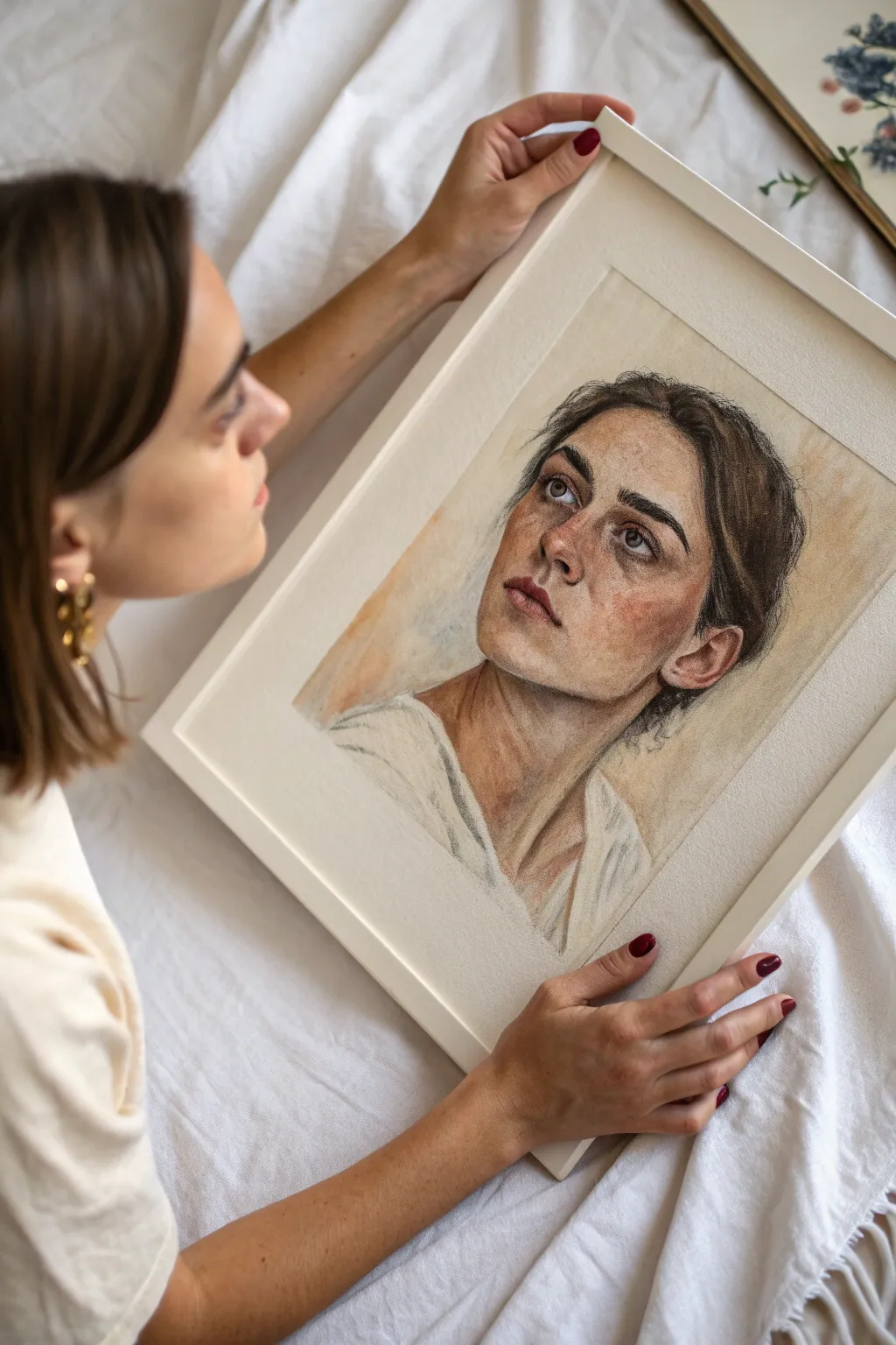 Hands in the frame make a self-portrait feel intimate, expressive, and beautifully personal.