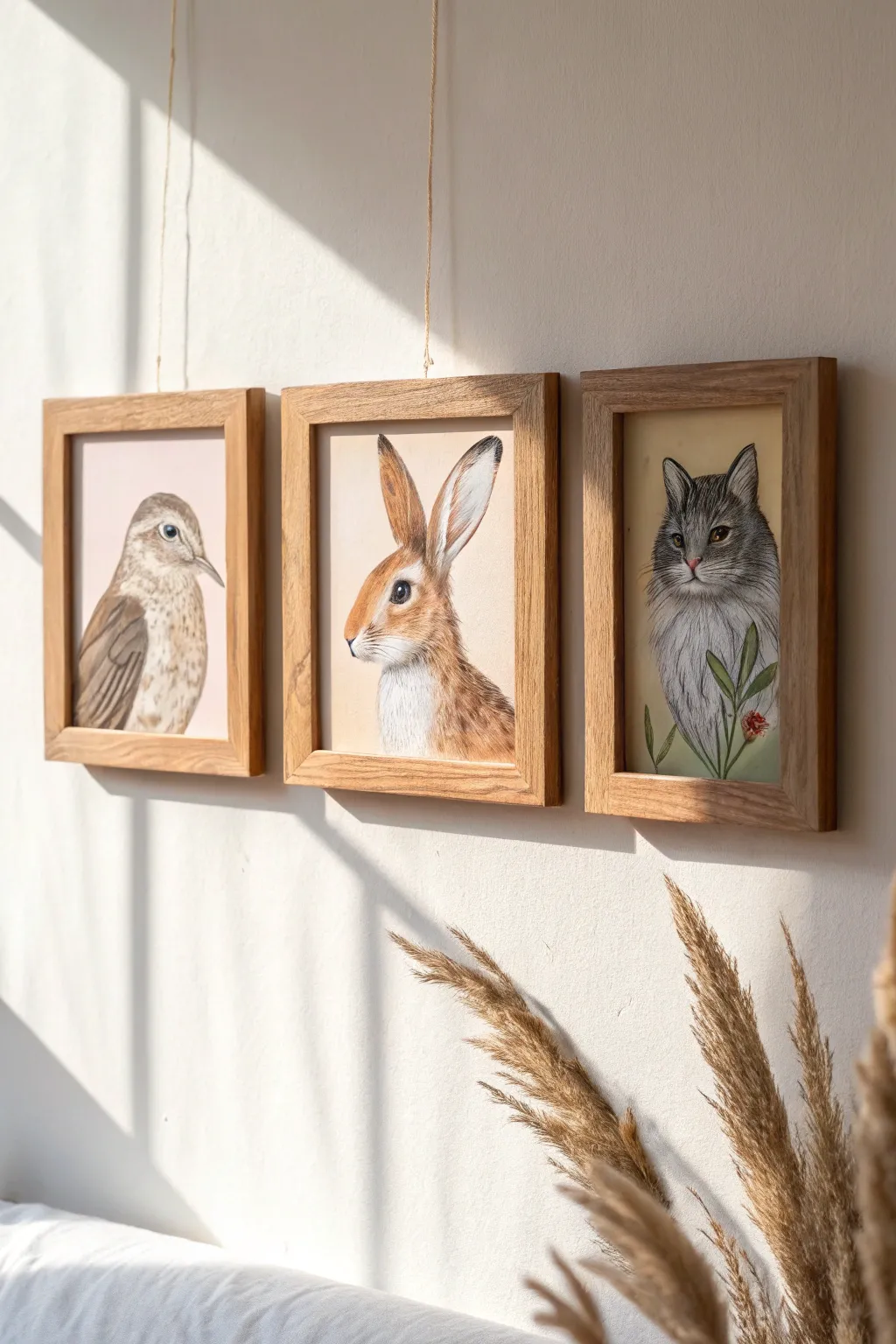 Animal portrait trio idea: same flat background color for instant cohesion and a calm gallery feel