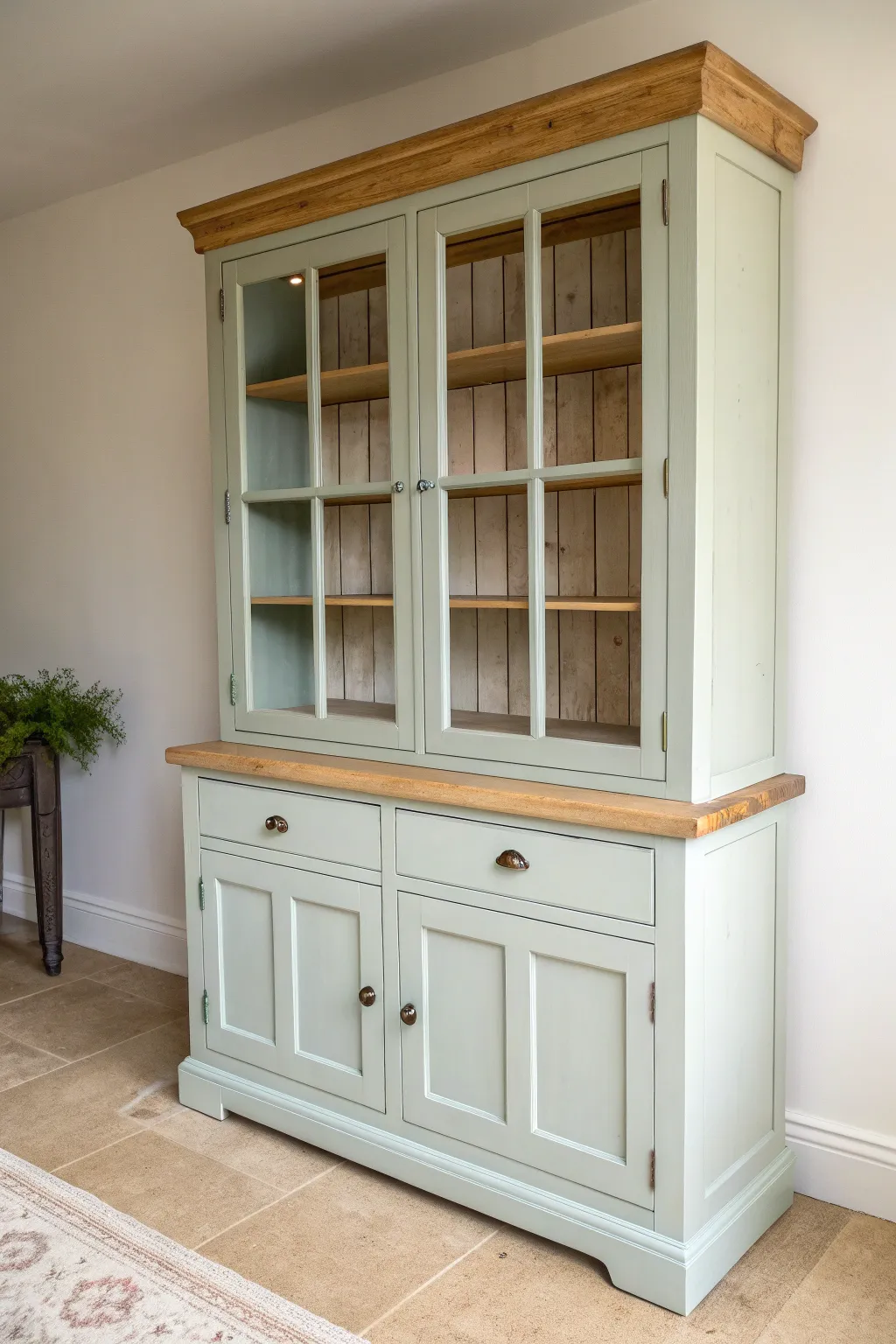 Two-tone shabby chic hutch: pale sage base and warm wood top for cozy minimalist charm