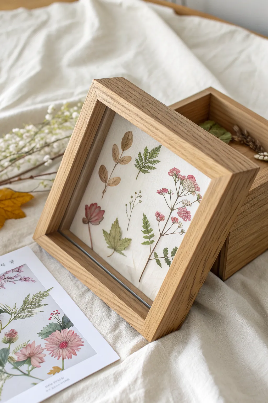 Seasonal swap-in shadow box with removable front and nature inserts for spring and fall.